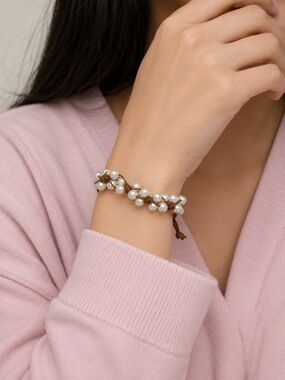 🚨5/$25 Pearl Beaded Wrap Bracelet - White Pearl on Brown Cord Adjustable
